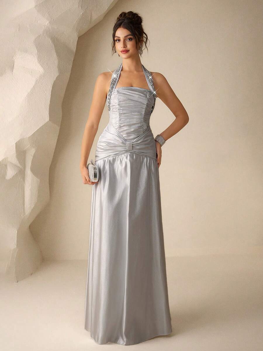 Coutiva 女士闪亮褶皱腰部露背水钻装饰正式长款晚礼服 - 銀色 - 查看 1