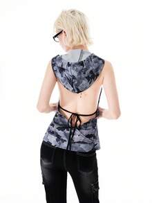 Bloopia 女士迷彩印花无袖连帽拉链开衫 - 彩色 - 查看 6