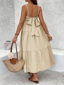 SHEIN Maternity Vacation Solid Color Ruffle Hem Backless Tie Strap Dress - Apricot - View 3