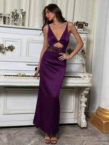 Aloruh 优雅纯色撞色蕾丝露腰无袖连衣裙，休闲及派对皆宜 - 紫色 - 查看 6