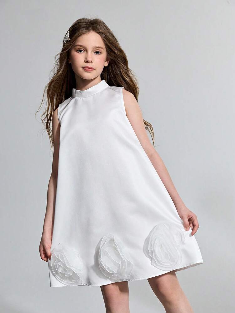 Tween Girl Woven White 3D Floral Hem Sleeveless Elegant Dress