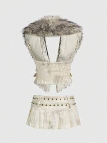 ROMWE Avant 2pcs/Set Distressed Rivet Waist Belt & Mini Pleated Skirt Vest Outfit For Women