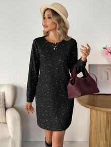 SHEIN LUNE Women's Casual Minimalist Short Dress, Women's Party Dress, Suitable For Black Dress,Sequin Dresses For Women Carnival Black Dress Long Sleeve - Multicolor - View 8