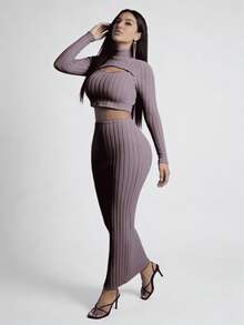 MODADIVA Trajes de mujer Falda Con Top De Cuello Alto Con Abertura Delantera - Morado - Ver 4