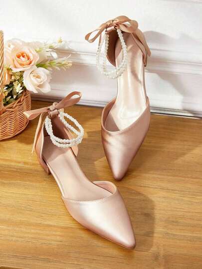 ISPORTE Bailarinas estilo ballet con tacón bajo, cómodas y elegantes, con decoración de lazo de perlas color champán, ideales para Año Nuevo y San Valentín