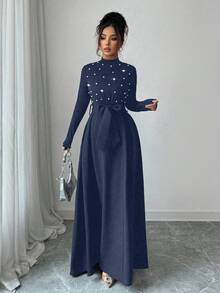 Elenzga 女士高领纯色优雅珍珠装饰腰部系带蝴蝶结长袖连衣裙，适合外出、通勤、聚会、度假、圣诞节等场合。 - 藏蓝色 - 查看 4