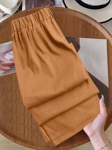 SHEIN PETITE 大码女式撞色腰带休闲直筒裤 - 橘色 - 查看 2
