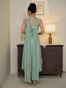 Poshira 女士花卉亮片缎带设计优雅正式礼服 - 綠色 - 查看 3