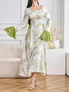 Modelyn Vestido midi elegante con cintura ceñida, mangas con volantes y estampado floral con lazo en la cintura, adecuado para fiestas y vacaciones - Blanco - Ver 2