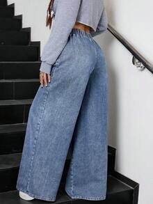 SHEIN Teen GirlLoose Straight Leg Blue Jeans - Medium Wash - View 2