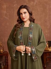 Al Najma 大码女式流苏设计长袖阿拉伯长袍和无袖连衣裙优雅套装 - 軍綠色 - 查看 6