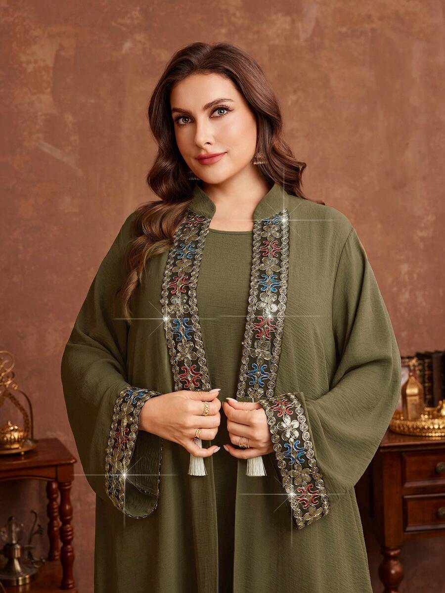 Al Najma 大码女式流苏设计长袖阿拉伯长袍和无袖连衣裙优雅套装 - 軍綠色 - 查看 1