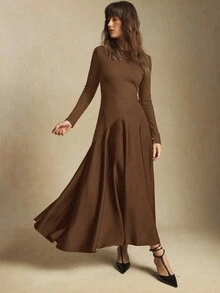 BizChic 2026春夏新款棕色圆领不对称剪裁缎面拼接飘逸下摆女装，现代优雅都市通勤日常浪漫90年代复古风圣诞节新年情人节派对海滩毕业典礼时尚嘉年华假日百搭简约浪漫，适合婚礼宾客、主人、约会、派对、音乐会、早午餐、机场等多种场合。 - 棕色 - 查看 5