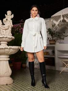 VOLUPTÉ CURVE Plus Size Women's Spring/Summer White Top Pearl Fringe Lapel Long Sleeve Blouse, Elegant Casual Formal Business Office Vacation Wedding Guest Outfit - White - View 9
