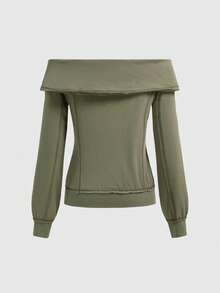 ROMWE Grunge Punk 女士露肩复古长袖拉链做旧卫衣 - 軍綠色 - 查看 2