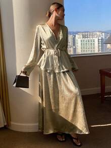 DAZY Women's Elegant Commuter Solid Color Shirt And Skirt 2 Pieces Set - Gold - View 5