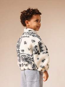 SUMWON Boys Paisley Print Fuzzy Fleece Zip Through Jacket Winter Warm Outerwear Borg Lined Coat - Black and White - View 2