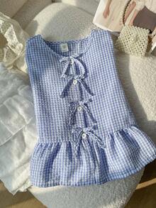 SHEIN Tween Girls' Casual Holiday Shirt With Bow Decor, Cute Bow Accent, Ruffle Hem Long Sleeve Round Neck Loose Fit Blue Striped Sleeve Ruffle Hem Blouse, Spring/Autumn/Summer, Casual Everyday Wear, Long Sleeve Top Shirt