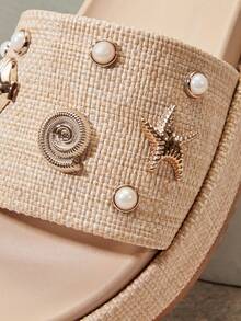 SHUZIA Sandalias de plataforma con decoración de perlas y conchas, tejidas en rafia, estilo costero chic - Listas para las vacaciones, listas para la playa. Zapatos de verano para mujer - Albaricoque - Ver 6