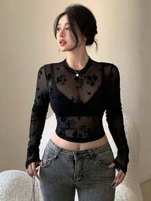DAZY Áo nữ dáng ôm màu đen xuyên thấu chất liệu lưới họa tiết hoa nhí, tay dài, thích hợp cho mùa hè và mùa xuân, phong cách Y2K. - màu đen - Xem 7