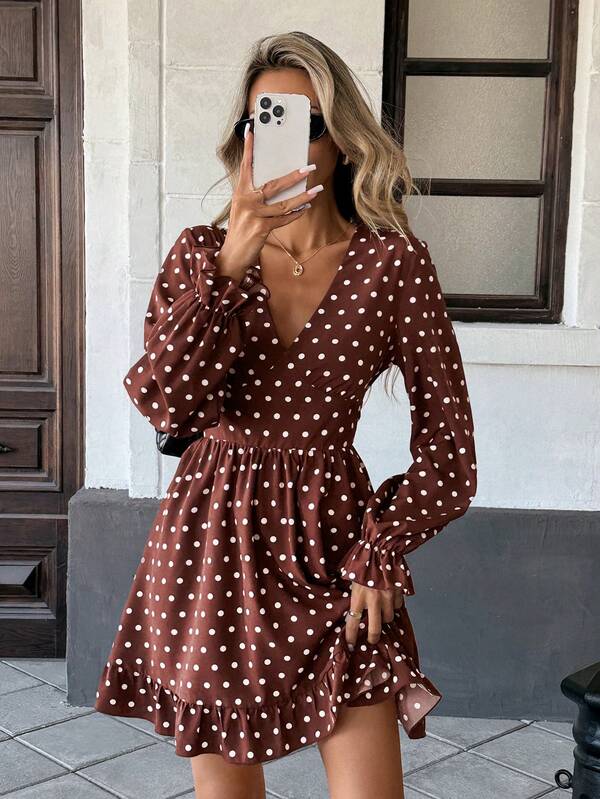 Pariaura New French Vintage Style Dress, V-Neck Dress, Slimming Polka Dot Dress For Women, Brown Dress, Ruffle Design Dress, Women's Casual Dress.