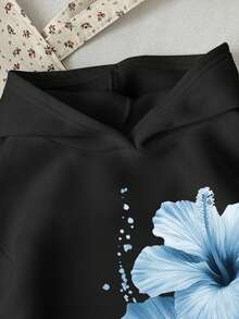 Tween Girl Floral Print Casual Sweatshirt, Loose Fit Top, Suitable For Winter Wear - Black - View 3