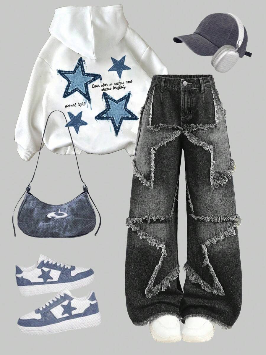 Girlism Girls' Frayed Patchwork Star Denim Wide-Leg Pants - Black - View 1