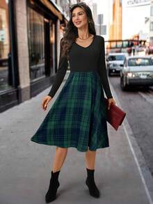 SHEIN Clasi Women's Elegant Red & Black Plaid Print A-Line Dress, Autumn/Winter Clothingelegantcasualgraphic - Dark Green - View 5