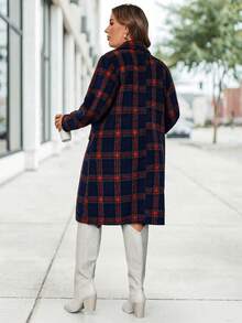 SHEIN LUNE 大码休闲格纹翻领单排扣羊毛混纺外套，日常穿着，圣诞节必备单品，日常休闲，秋季流行格纹大衣，凸显曲线，乡村休闲粉色圣诞冬季女装，冬季外套，女士假日保暖套装