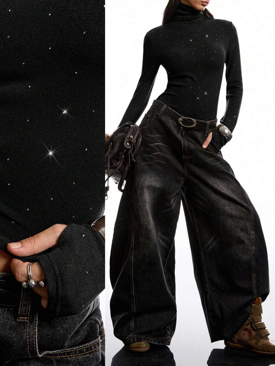 LYSMO New Minimalist Women Autumn/Winter Solid Color Rhinestone Decor Turtleneck Long Sleeve Fitted Fashion T-Shirt, Available In Black,Black Top - Black - View 1