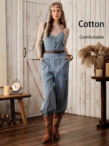 Wildy BOHO Women's Casual Country Style Jumpsuit With Pockets, Versatile For Daily Wear, All Seasons - Blue - View 6