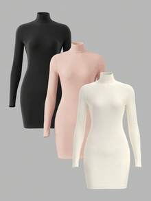 SHEIN BASICS Bộ 3 món váy ngắn tay dài cổ cao ôm sát màu trơn dành cho nữ. - Hồng - Xem 1