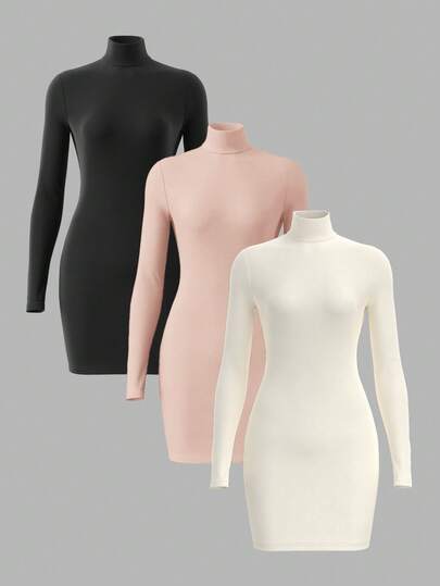 SHEIN BASICS 3 piezas Vestido mini de cuello alto de manga larga ajustado de unicolor de punto para mujeres