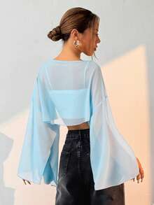 SHEIN EZwear 女士纯色圆领落肩长袖短款宽松上衣 - 淺藍色 - 查看 2