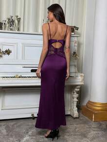 Aloruh 优雅纯色撞色蕾丝露腰无袖连衣裙，休闲及派对皆宜 - 紫色 - 查看 2