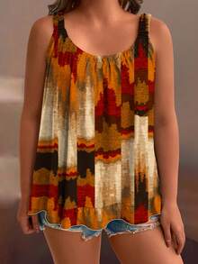 SHEIN LUNE 大码女式法式休闲优雅扎染吊带背心 夏季女式上衣 大地色系上衣 波西米亚风上衣 女士无袖上衣 夏季背心 波西米亚风背心 女士波西米亚风背心 女士波西米亚风背心 - 彩色 - 查看 4