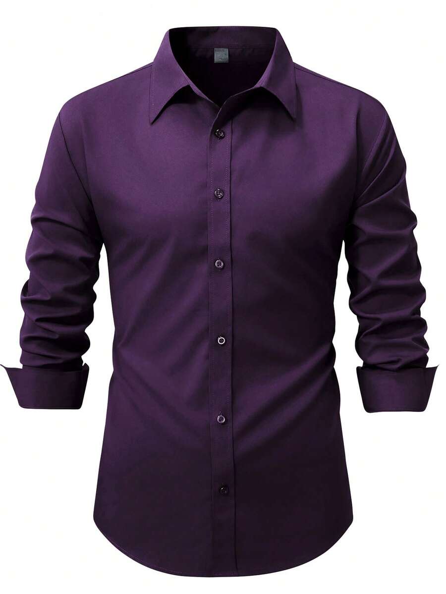 Manfinity Mode Men's Business Commuting Regular Length Purple Semi-Sheer Shirt Sleeve Button Front Shirt Dark Purple Shirt Men Dress Shirts Long Sleeve Purple Dress Shirt Men Slim Fit Dress Shirt Men Fitted Men Shirt - Purple - View 1