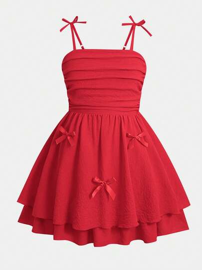 SHEIN 女童纯色泡泡褶双层连衣裙，休闲吊带法式仙女裙，优雅吊带蛋糕裙，适合春夏日常休闲穿着和上学，也适合度假、派对、生日、情人节、婚礼季、公主裙、情人节假日服装