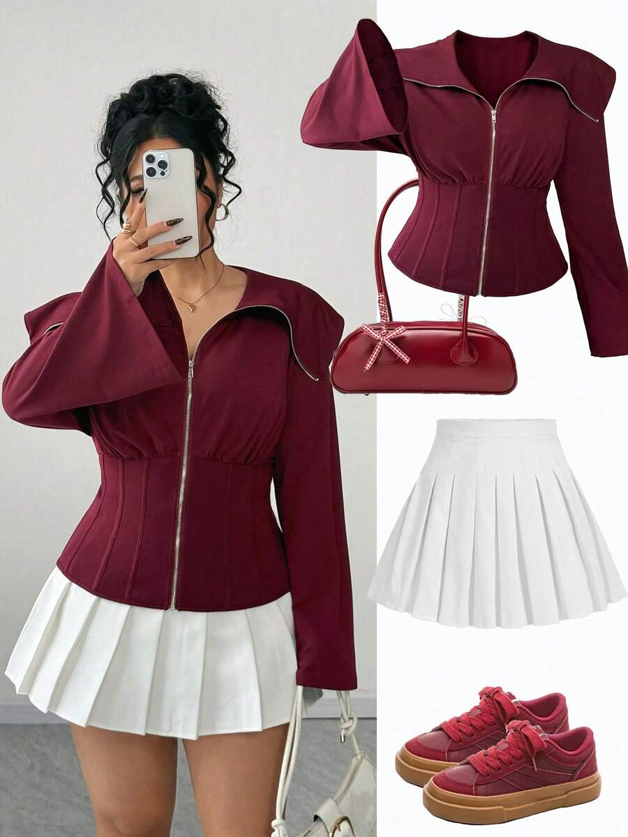 SHEIN Clasi Plus Size Women Zipper Front Cinched Waist Flare Sleeve Sweatshirt, Fashionable & Versatile - Burgundy - View 1