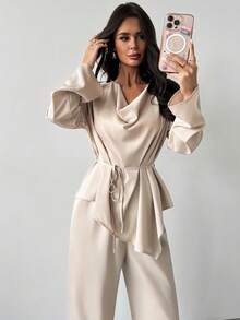 Firerie Elegant minimalistisk blus med draperad halsringning och långärmad passform för kvinnor, lämplig för dejt, alla hjärtans dag, pendling, arbetskläder, kvinnliga lärare - Aprikos - Visa 5