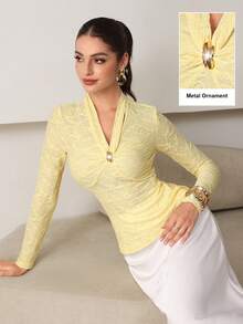 Modelyn Metal Buckle V-Neck Pleated Jacquard Long Sleeve Elegant Fitted Blouse For Women - Yellow - View 3