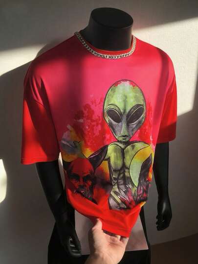 Manfinity Dauomo 男士 90 年代复古外星人图案 T 恤，红色科幻 T 恤，街头风格，适合作为礼物送给朋友，科幻迷，男女通用。