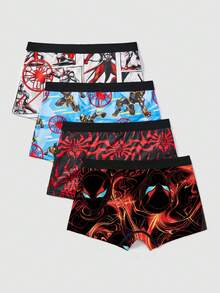 SHEIN 4 件装 男童简约舒适超级英雄和蜘蛛图案弹性腰部运动三角裤 - 紅白色 - 查看 2