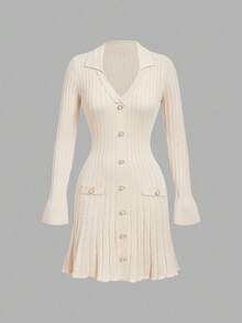 SHEIN MOD Gaun Rajut Wanita Elegan Warna Beige untuk Musim Gugur, Lengan Mengembang dengan Kerah dan Kancing Mutiara Imitasi, Gaun Rajut Bergaris Gaya Prancis untuk Pesta Teh, Acara Pulang Sekolah, dan Wisuda. - Krem - View 6