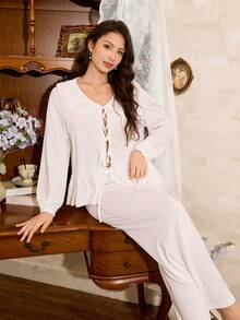 Côtesoire Elegant& Women's Cardigan Pajama Set,All White French Style Ruffle Lace Pj Set,Silk Lounge Wear Sets,Bridal Pajama Set For Lounge,Autumn,Elegant - White - View 3