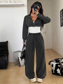 Coolane Women's Winter Streetwear Basic Daily Wear Chic Casual Athleisure Cotton Dirty Washed Loose Crop Hooded Sweatshirt And Low Rise Baggy Pants Two Pieces Outfits - Black - View 1