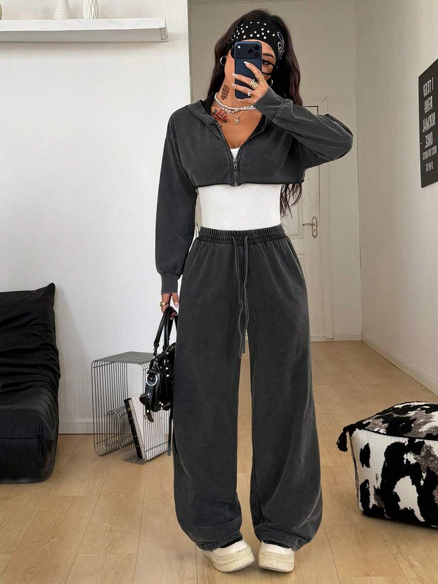 Coolane Women's Winter Streetwear Basic Daily Wear Chic Casual Athleisure Cotton Dirty Washed Loose Crop Hooded Sweatshirt And Low Rise Baggy Pants Two Pieces Outfits - Black - View 1