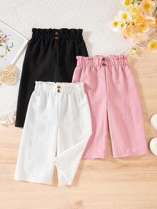 SHEIN Bộ 3 món quần ống rộng cài nút đơn sắc thoải mái, dễ mặc cho bé gái, thích hợp mặc hàng ngày vào mùa xuân và mùa thu, hoạt động ngoài trời - Nhiều màu - Xem 3