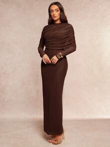 Silquee Elegant Romantic Solid Color Ruffle Collar Asymmetrical Pleated Waist Long Sleeve Dress - Coffee Brown - View 3