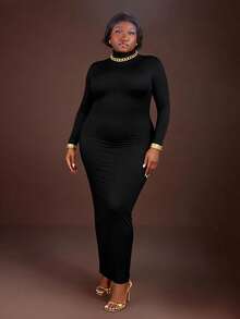 CurvyTilda Plus Size Women's Fall&Winter Elegant Daily Basic Snug Solid High Neck Bodycon Out With Sleeves High Stretch Black Classic Slip Dress,Suitable For Everyday Wear, Country Music Concerts Long Bodycon Dress Maxi Long Sleeve Dress Tight Long Dress Curve Long Dress Basic Dresses Turtleneck Plus Size Winter Dresses, For Hourglass Body Shape - Black - View 3